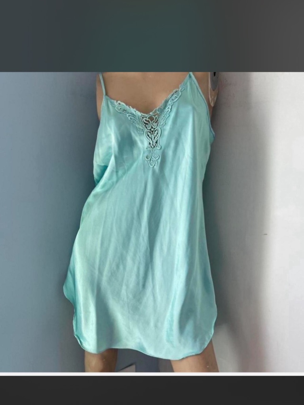 Silky Light Aqua Lace-Trim Slip Dress